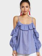 Shein Striped Cold Shoulder Ruffle Top Navy White