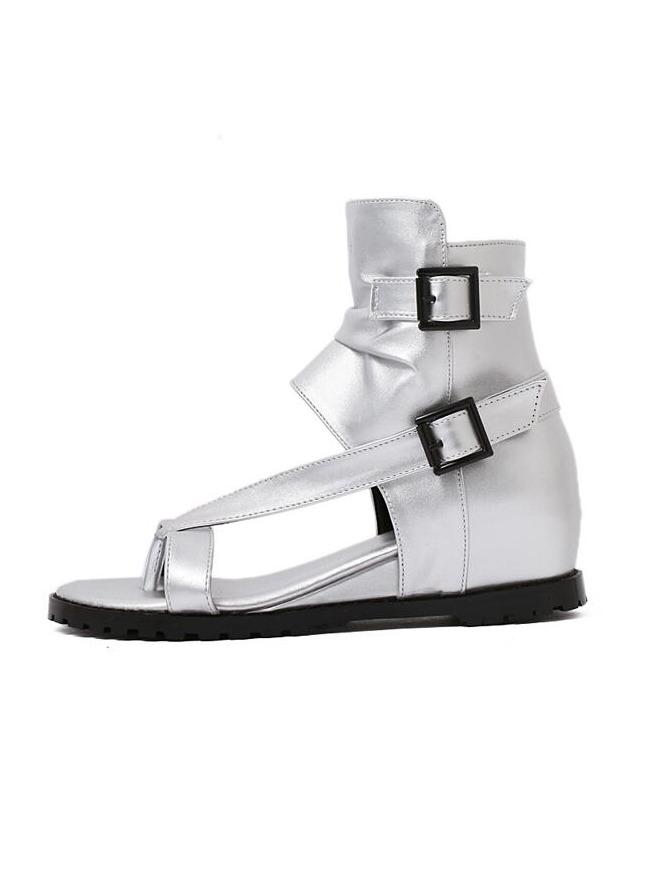 Shein Silver T-strap Buckled Ankle Wrap Wedge Sandals