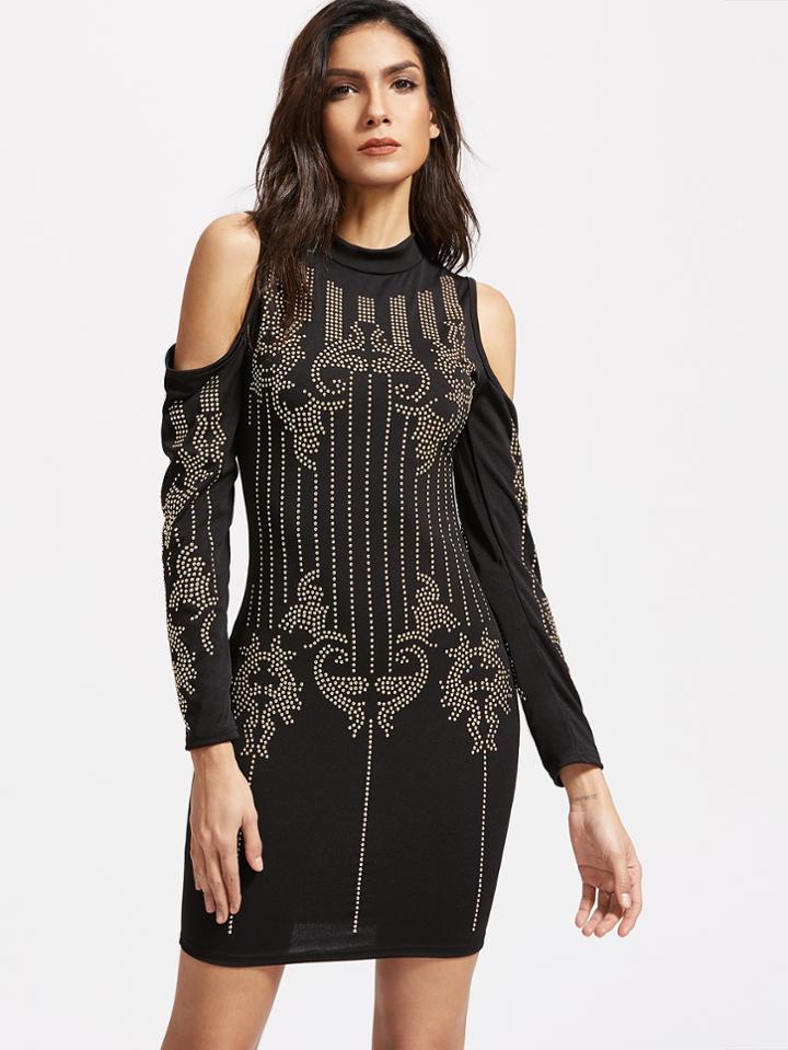 Shein Black Open Shoulder Studded Bodycon Dress