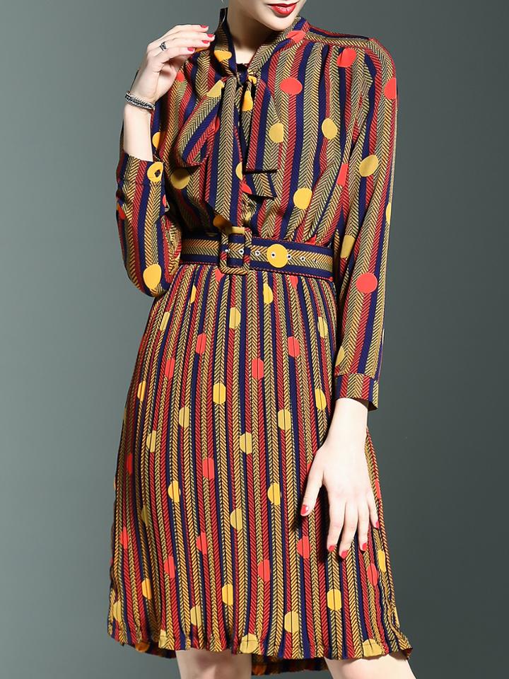 Shein Multicolor Tie Neck Long Sleeve Obi Polka Dot Dress