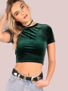 Shein Velvet Crew Neck Short Sleeve Crop Top Hunter Green