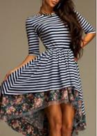 Rosewe Floral Print Striped Half Sleeve Mid Calf Dress