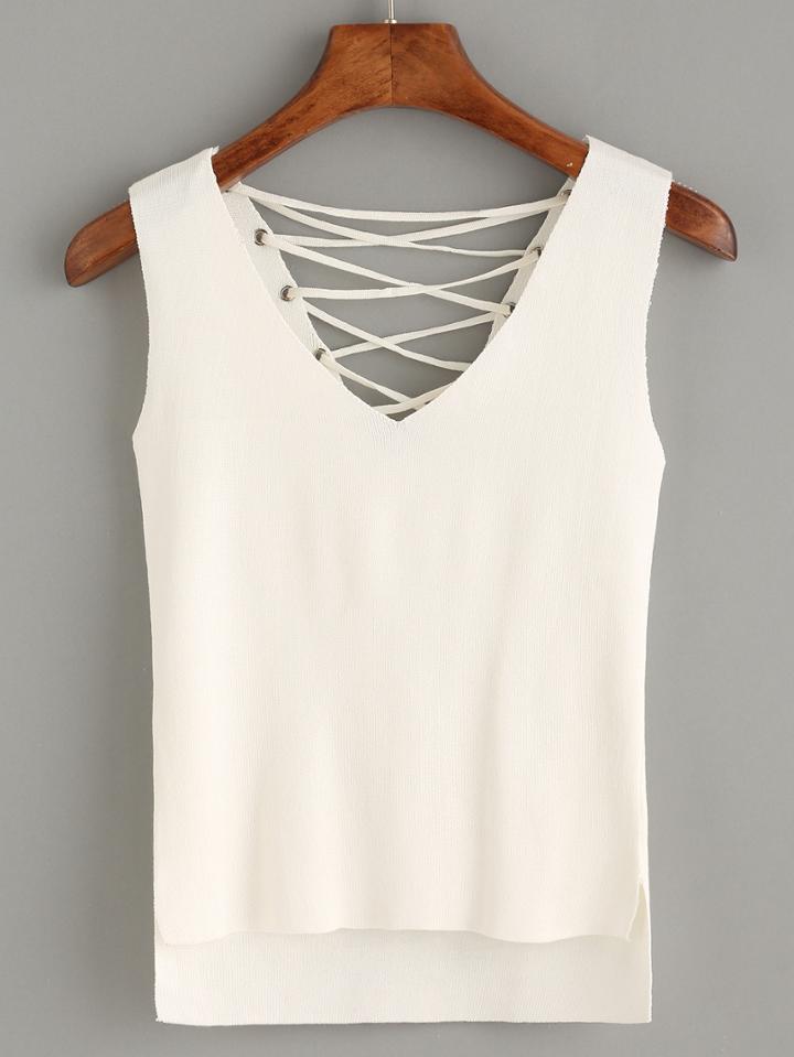 Shein White Eyelet Lace-up Knitted High-low Tank Top