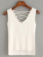 Shein White Eyelet Lace-up Knitted High-low Tank Top