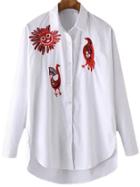 Shein White Lapel Long Sleeve Dipped Hem Embroidery Blouse