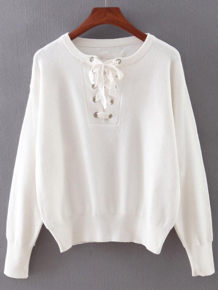 Shein White Elastic Cuff Lace Up Sweater