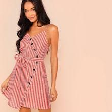 Shein Waist Belted Wrap Button Striped Cami Dress