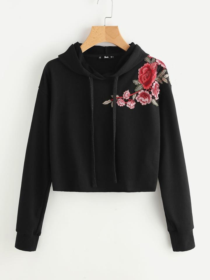 Shein Embroidered Flower Patch Raw Hem Hoodie