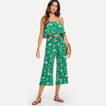 Shein Calico Print Crop Bardot Top & Pants Set