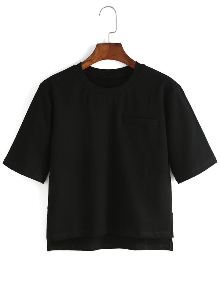 Shein Black Dip Hem Split Flase Pocket T-shirt