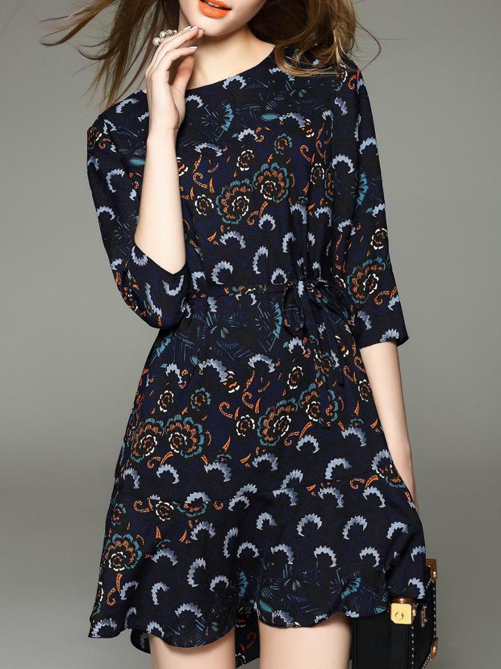 Shein Navy Crew Neck Tribal Print Drawstring Scallop Dress