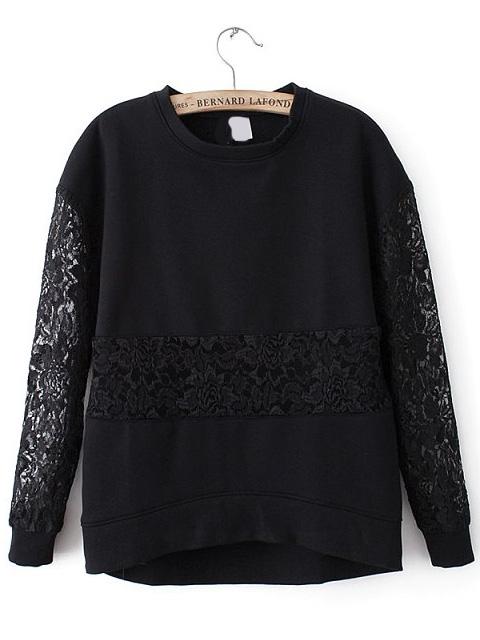 Shein Black Crew Neck Lace Loose Sweatshirt