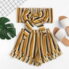Shein Knot Front Pleated Striped Tube Top With Shorts