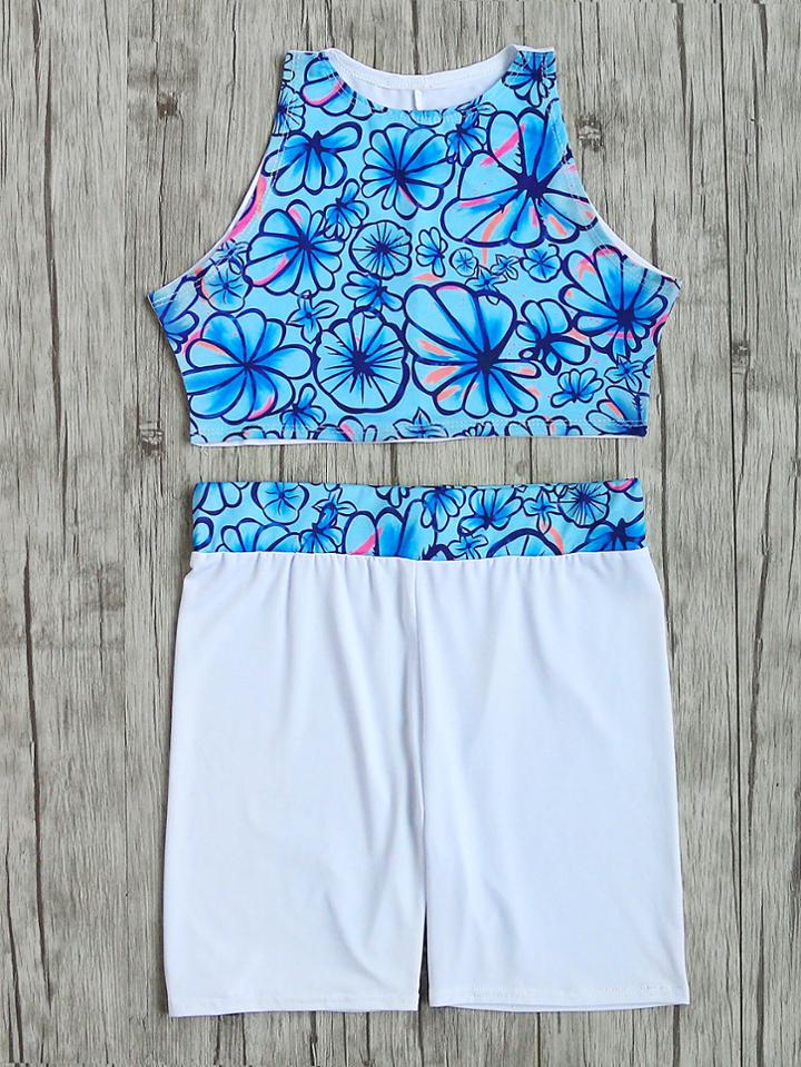 Shein Blue And White Floral Print Two-piece Swimwear