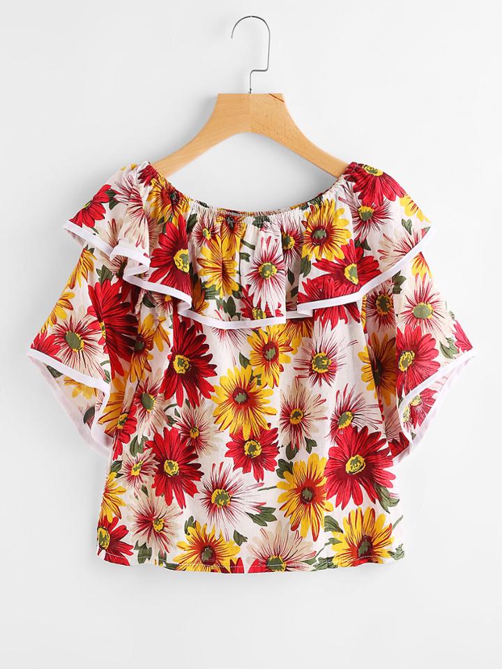 Shein Boat Neckline Ruffle Trim Top