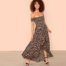 Shein Off Shoulder Shirred Leopard Dress