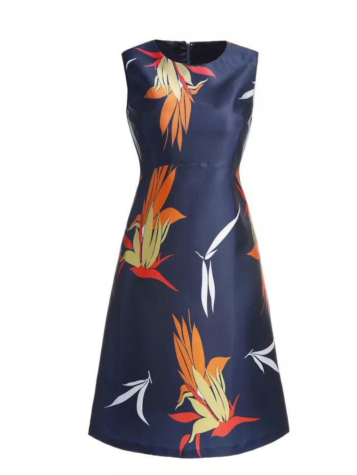 Shein Blue Round Neck Sleeveless Leaves Print Dress