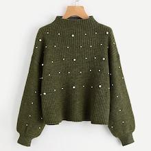 Shein Plus Funnel Neck Pearl Beading Ribbed Jumper