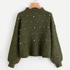 Shein Plus Funnel Neck Pearl Beading Ribbed Jumper
