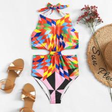 Shein Cut-out Geometric Print Swimsuit