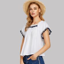 Shein Pompom Embellished Embroidered Tape Top