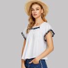 Shein Pompom Embellished Embroidered Tape Top