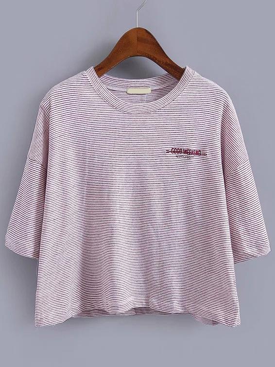 Shein Pinstriped Embroidered Crop Red T-shirt