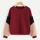 Shein Contrast Faux Fur Sleeve Color-block Sweatshirt