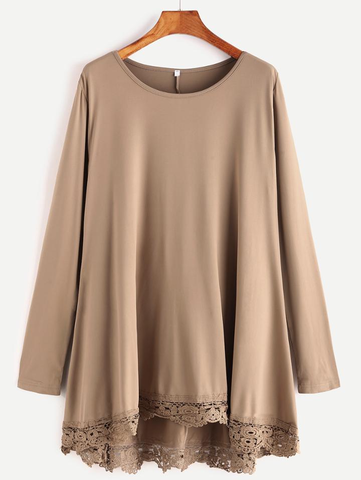 Shein Khaki Lace Crochet Trim High Low Top