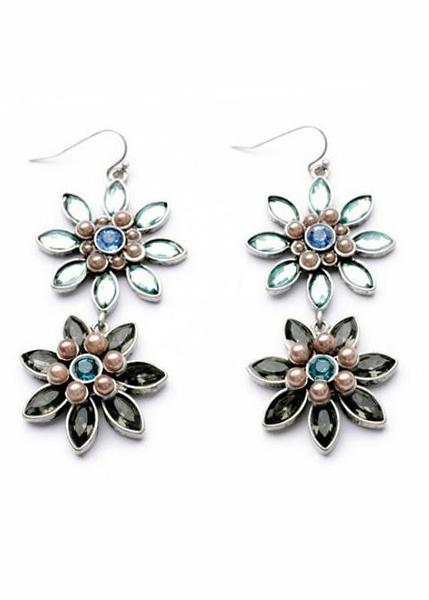 Shein Black Gemstone Silver Flowers Dangle Earrings