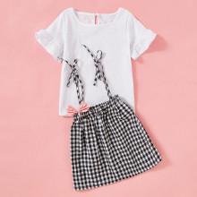 Shein Girls Flare Sleeve Tee With Pinafore Skirt