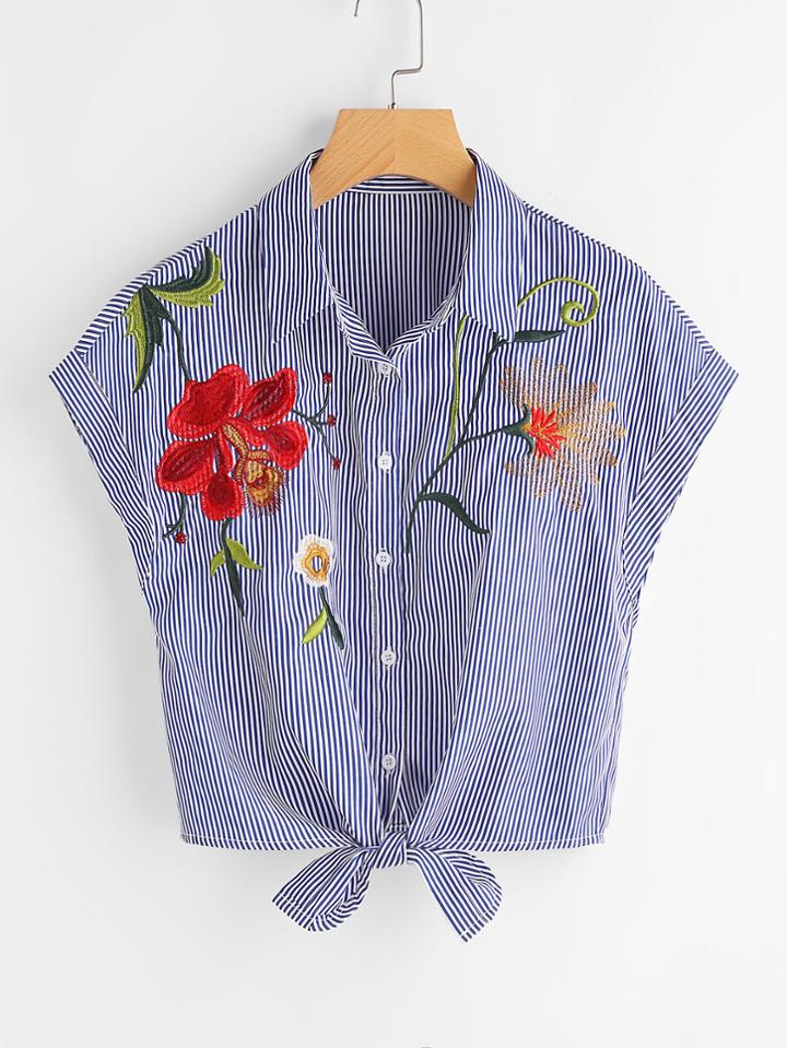 Shein Vertical Pinstripe Embroidered Tie Hem Blouse