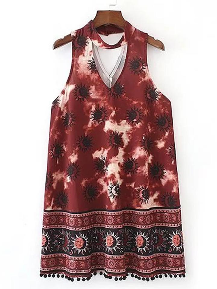 Shein Choker V Neck Pom Pom Trim Tank Dress