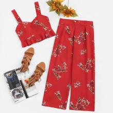 Shein Ruffle Hem Floral Print Top With Pants