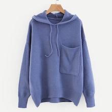 Shein Pocket Front Drawstring Hooded Sweater