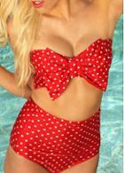 Rosewe Bow Decorated Dot Print Red Swimwear