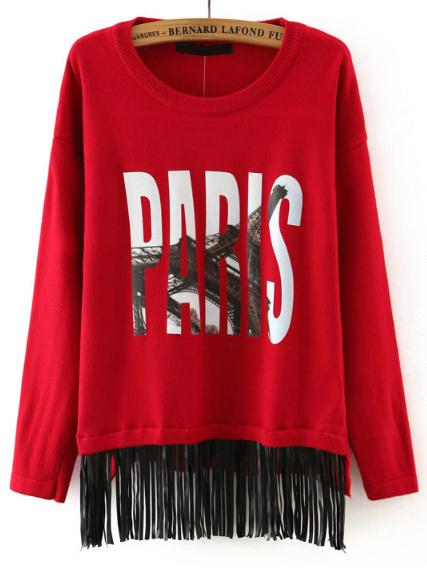Shein Red Round Neck Eiffel Tower Print Tassel Knitwear
