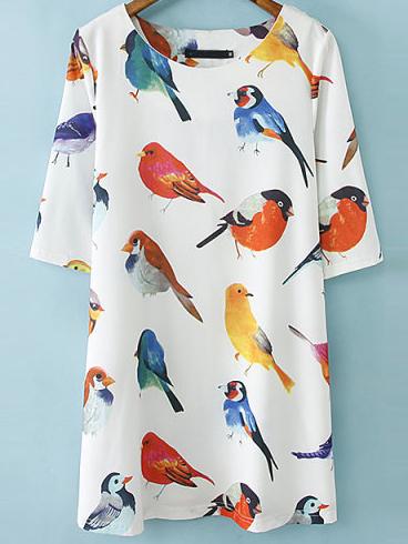 Shein Elbow Sleeve Birds Pattern Random Loose Dress