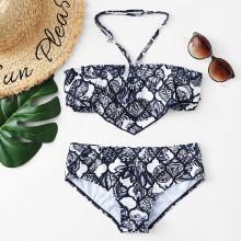 Shein Leaf Print Halterneck Flounce Bikini Set