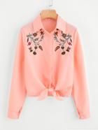 Shein Embroidery Knotted Hem Shirt