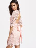 Shein Pink Half Sleeve Bow Tie Open Back Embroidered Lace Dress