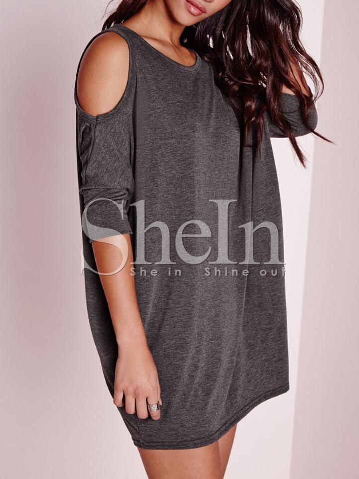 Shein Grey Round Neck Cold Shoulder Dress