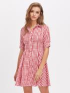 Shein Tie Waist Fit And Flare Gingham Shirt Dress