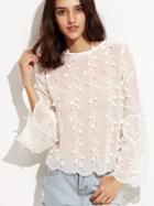 Shein Flower Applique Fluted Sleeve Lace Up V Back Top