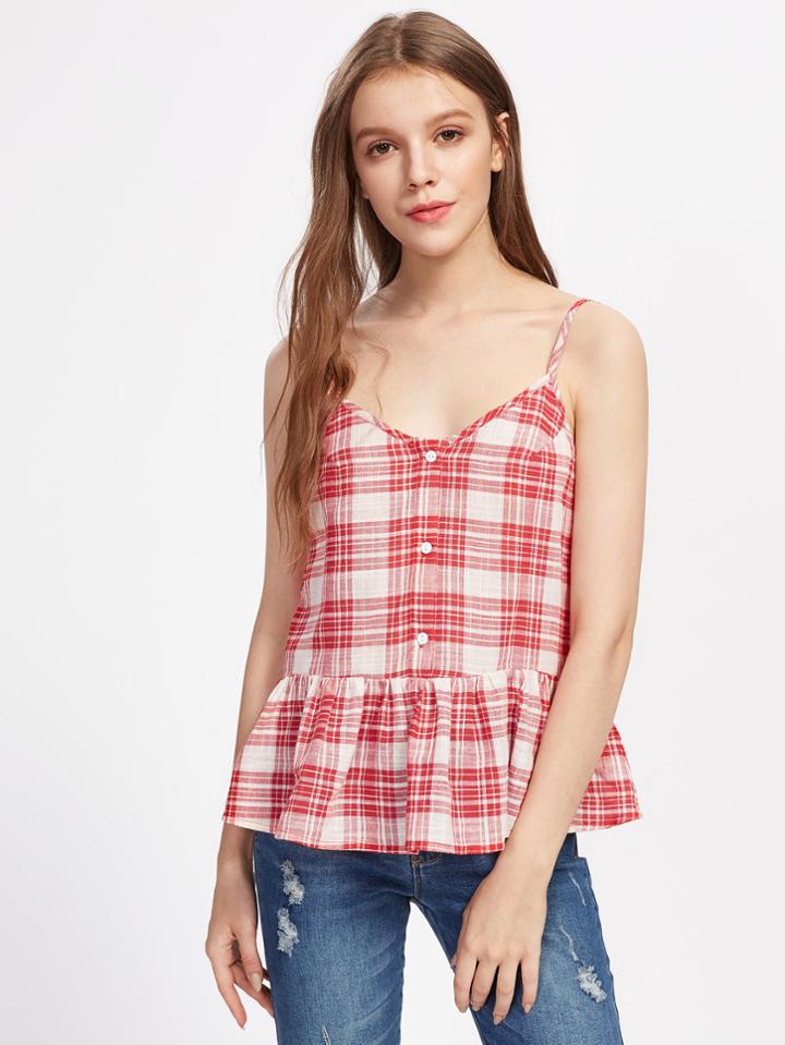 Shein Buttoned Placket Checkered Peplum Cami Top