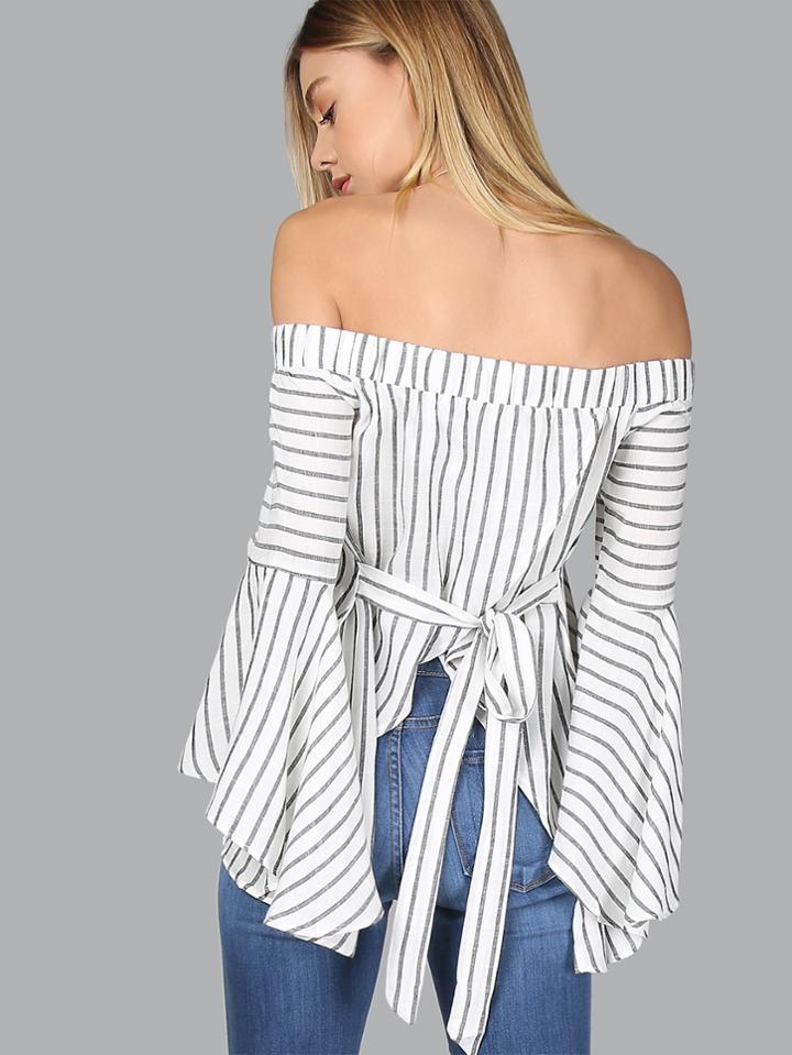 Shein Bardot Fluted Sleeve Self Tie Back Blouse Black Multi