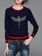Shein Navy Dragonfly Sequined Striped Sweater