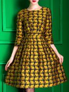 Shein Yellow Elephant Jacquard Knee Length A-line Dress