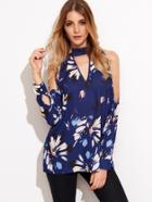 Shein Blue Flower Print Choker Neck Cold Shoulder Blouse