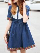 Shein Blue Embroidered Pleated Drawstring Denim Dress